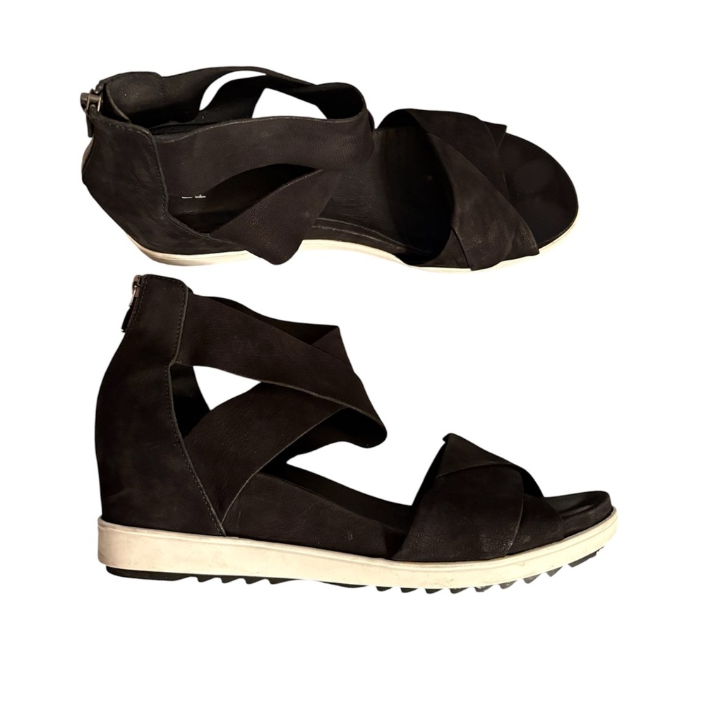 Eileen Fisher Leather Strappy Wedge Sandals Comfort Slip On Open Toe Black